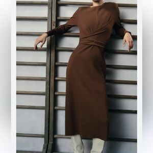 EUC worn only once! Zara Brown long sleeve midi rib Knit dress size L ~ $ 79